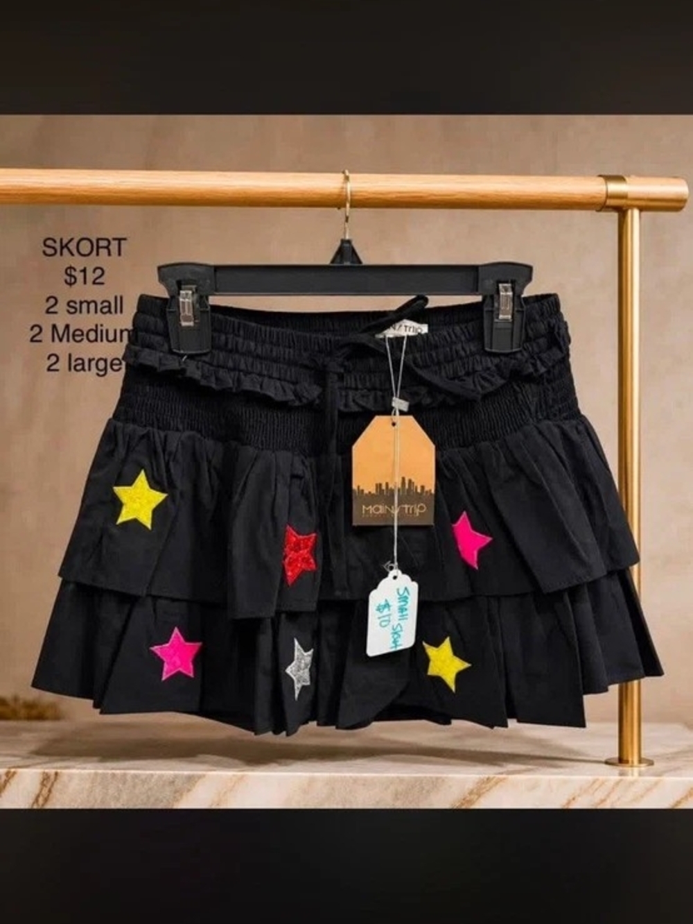 Women’s White Tiered Skort High Rise Elastic Drawstring Star Accents